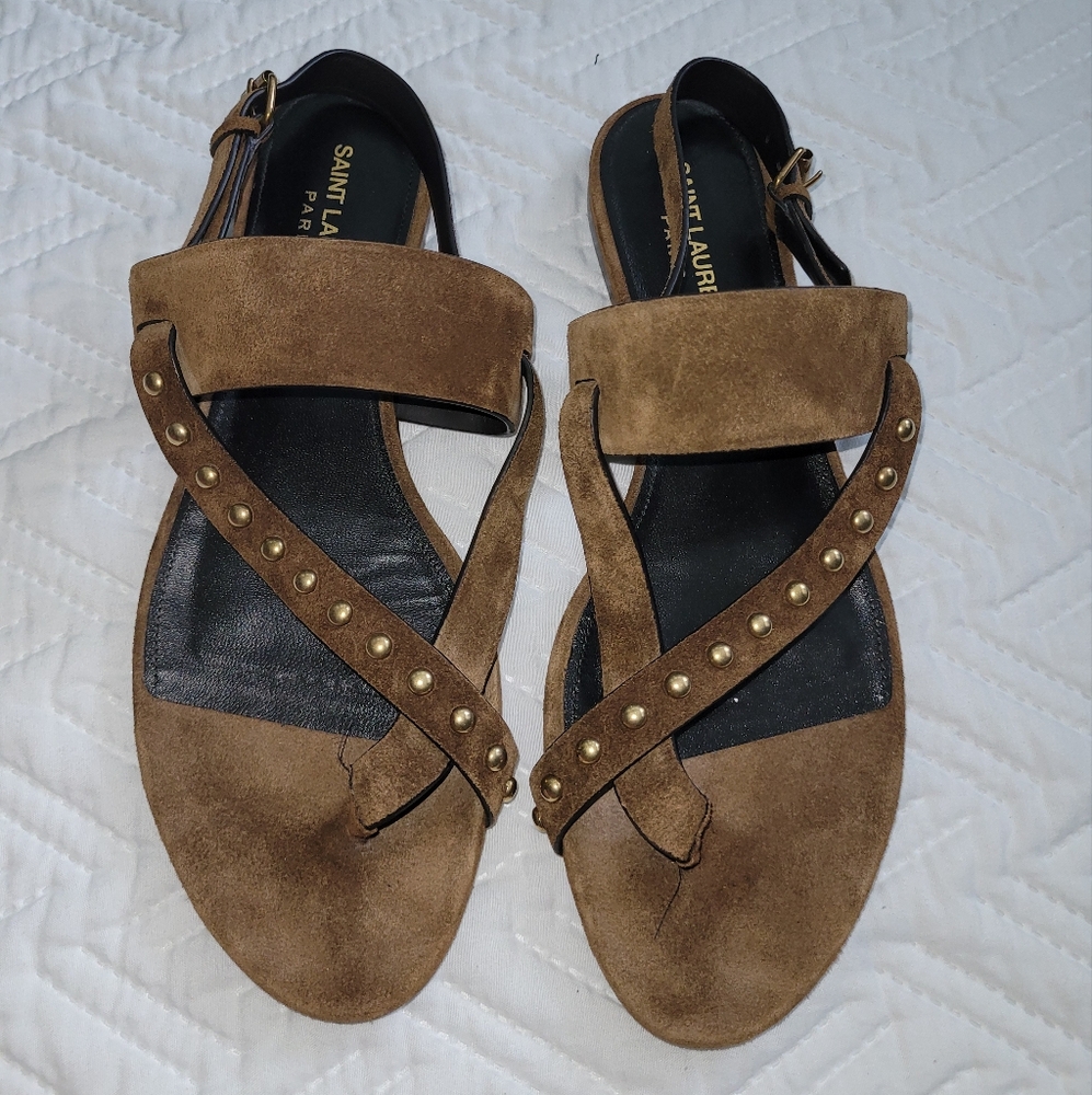 Saint Laurent Tan Studded Sandals Size 40 Like New